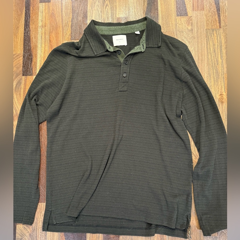 Billy Reid Men’s L/S Slub Striped Polo - Green - Large